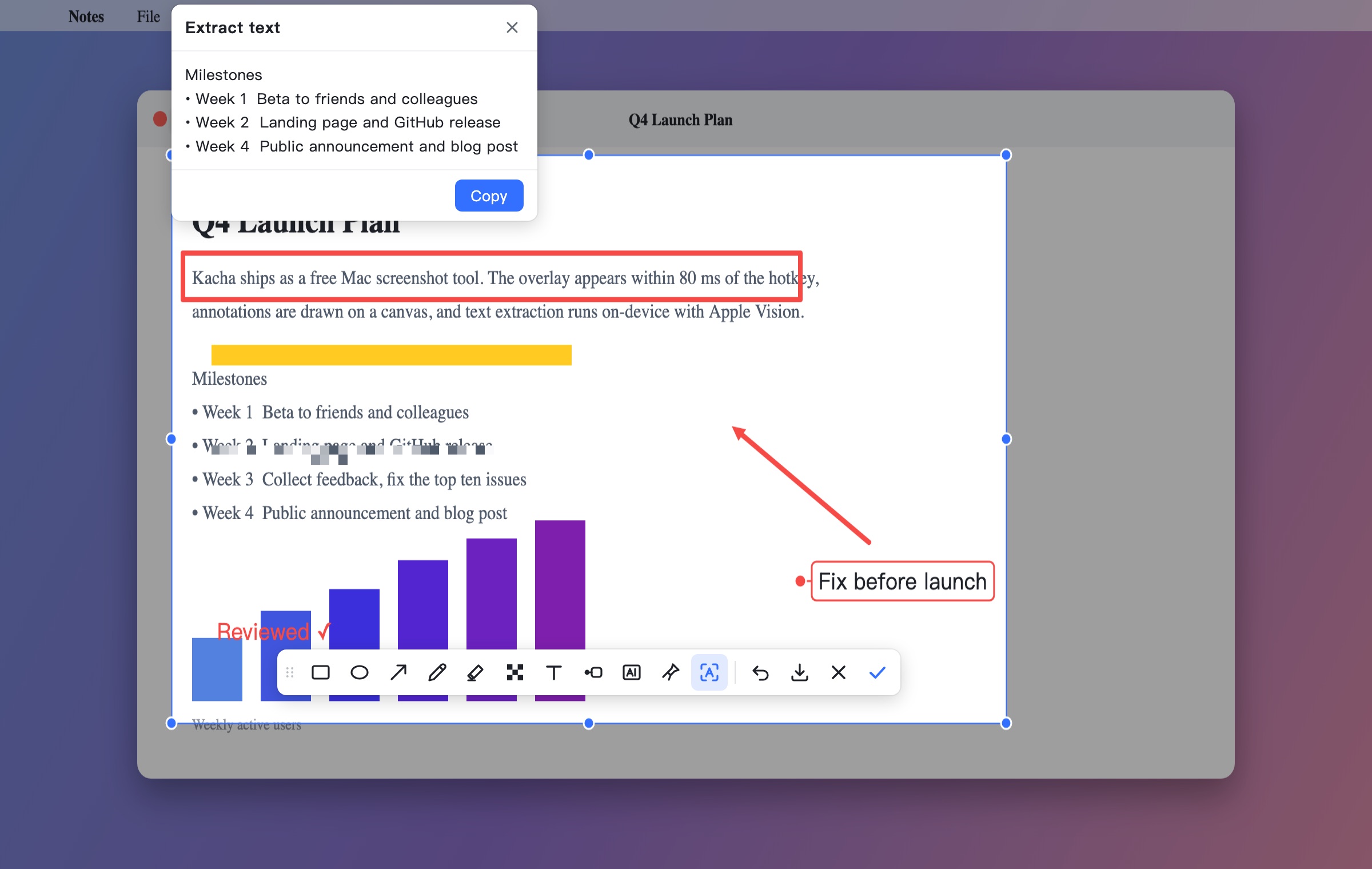 Kacha overlay with annotations and the Extract text panel